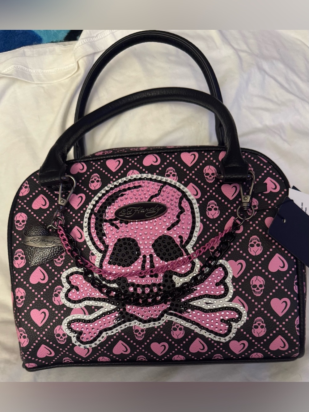 Ed Hardy y2k Pink Rhinestone Skull Crossbody Satchel